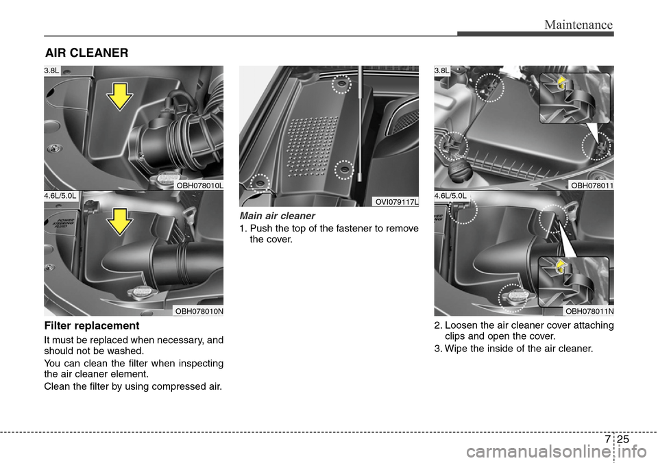 Hyundai Equus 2012 Owners Manual 725
Maintenance
AIR CLEANER
Filter replacement
It must be replaced when necessary, and
should not be washed.
You can clean the filter when inspecting
the air cleaner element.
Clean the filter by usi Hyundai Equus 2012 Owners Manual 725
Maintenance
AIR CLEANER
Filter replacement
It must be replaced when necessary, and
should not be washed.
You can clean the filter when inspecting
the air cleaner element.
Clean the filter by usi