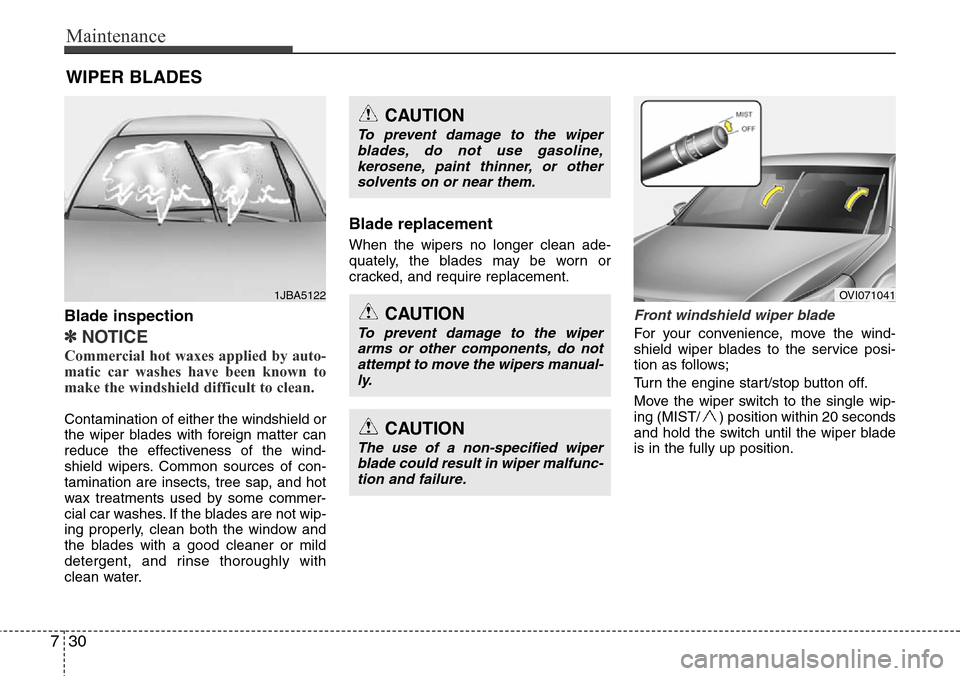 Hyundai Equus 2012  Owners Manual Maintenance
30 7
WIPER BLADES
Blade inspection
✽NOTICE
Commercial hot waxes applied by auto-
matic car washes have been known to
make the windshield difficult to clean.  
Contamination of either the