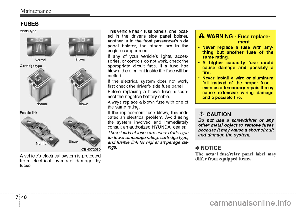 Hyundai Equus 2012  Owners Manual Maintenance
46 7
FUSES
A vehicle’s electrical system is protected
from electrical overload damage by
fuses.This vehicle has 4 fuse panels, one locat-
ed in the driver’s side panel bolster,
another