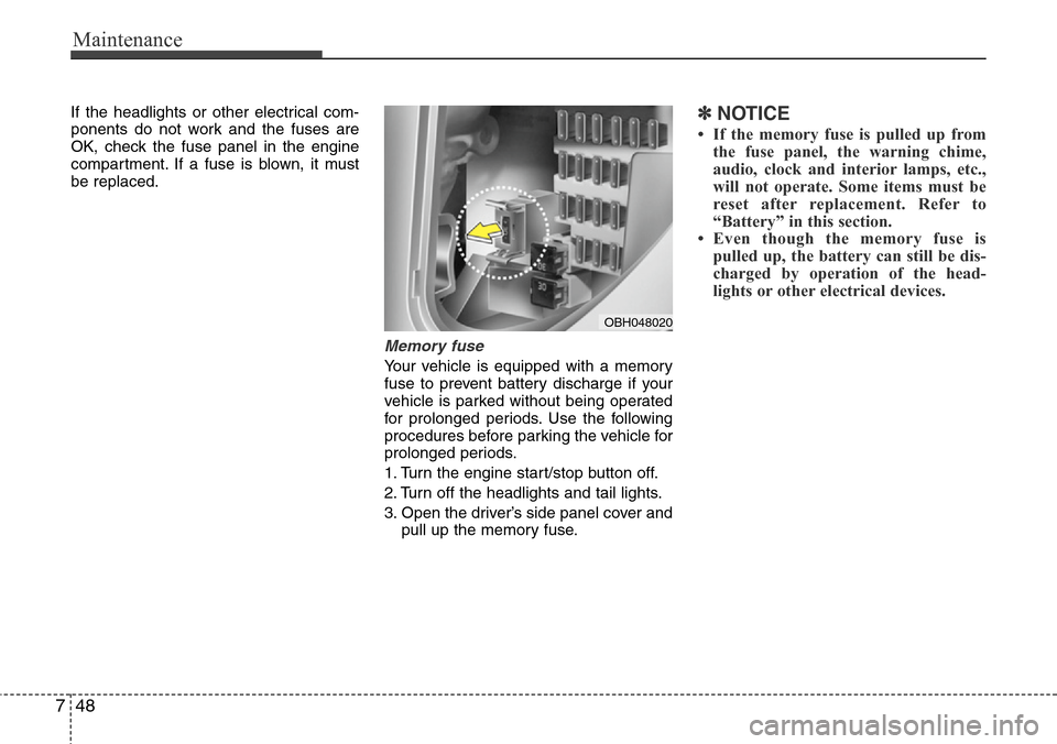 Hyundai Equus 2012  Owners Manual Maintenance
48 7
If the headlights or other electrical com-
ponents do not work and the fuses are
OK, check the fuse panel in the engine
compartment. If a fuse is blown, it must
be replaced.
Memory fu