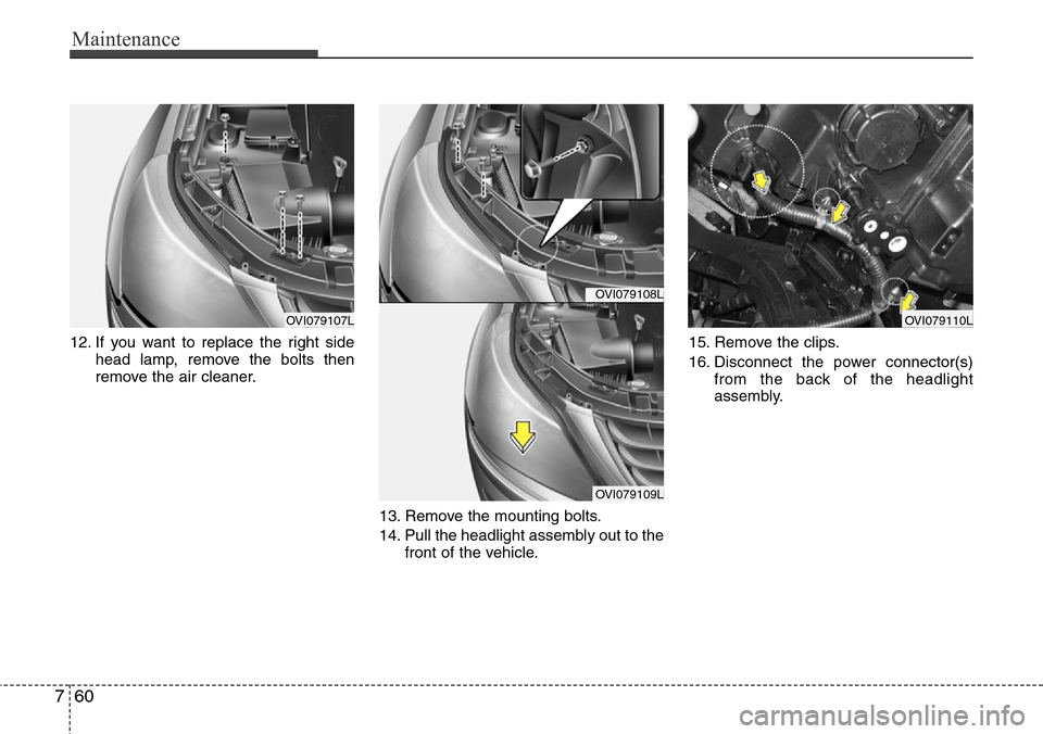 Hyundai Equus 2012  Owners Manual Maintenance
60 7
12. If you want to replace the right side
head lamp, remove the bolts then
remove the air cleaner.
13. Remove the mounting bolts.
14. Pull the headlight assembly out to the
front of t