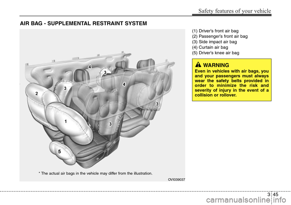 Hyundai Equus 2012 Repair Manual 345
Safety features of your vehicle
(1) Driver’s front air bag
(2) Passenger’s front air bag
(3) Side impact air bag
(4) Curtain air bag
(5) Driver’s knee air bag
AIR BAG - SUPPLEMENTAL RESTRAIN Hyundai Equus 2012 Repair Manual 345
Safety features of your vehicle
(1) Driver’s front air bag
(2) Passenger’s front air bag
(3) Side impact air bag
(4) Curtain air bag
(5) Driver’s knee air bag
AIR BAG - SUPPLEMENTAL RESTRAIN