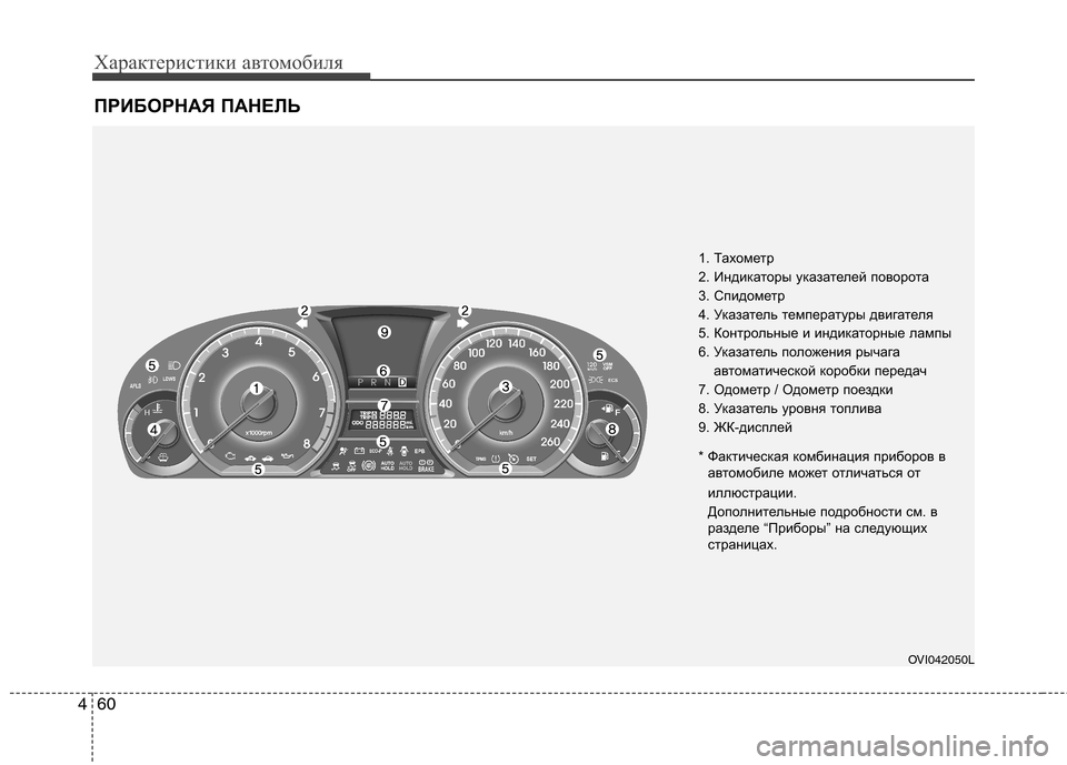 Hyundai Equus 2012  Инструкция по эксплуатации (in Russian) Характеристики автомобиля
60
4
ПРИБОРНАЯ ПАНЕЛЬ
1. Тахометр  
2. Индикаторы указателей поворота
3. Спидометр
4. Ук