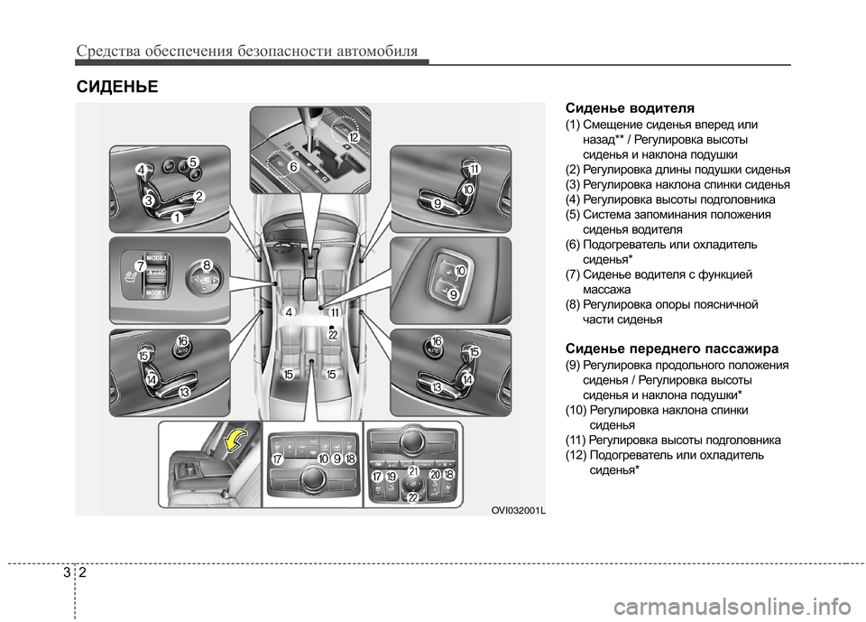 Hyundai Equus 2012 Инструкция по эксплуатации (in Russian) Средства обеспечения безопасности автомобиля
2
3
Сиденье водителя
(1) Смещение сиденья вперед или
назад** / Рег Hyundai Equus 2012 Инструкция по эксплуатации (in Russian) Средства обеспечения безопасности автомобиля
2
3
Сиденье водителя
(1) Смещение сиденья вперед или
назад** / Рег
