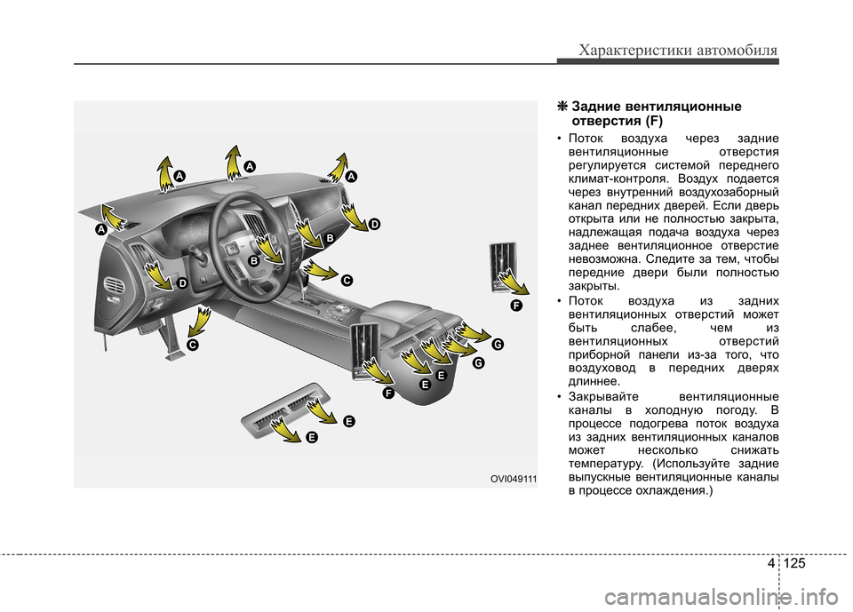 Hyundai Equus 2012 Инструкция по эксплуатации (in Russian) 4 125
Характеристики автомобиля
❈❈
Задние вентиляционные
отверстия (F)
• Поток воздуха через задние вентиля Hyundai Equus 2012 Инструкция по эксплуатации (in Russian) 4 125
Характеристики автомобиля
❈❈
Задние вентиляционные
отверстия (F)
• Поток воздуха через задние вентиля