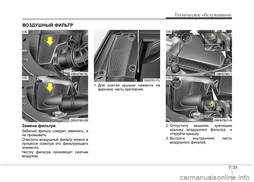 Hyundai Equus 2012 Инструкция по эксплуатации (in Russian) 731
Техническое обслуживание
ВОЗДУШНЫЙ ФИЛЬТР
Замена фильтра
Забитый фильтр следует заменять, а
не промыват Hyundai Equus 2012 Инструкция по эксплуатации (in Russian) 731
Техническое обслуживание
ВОЗДУШНЫЙ ФИЛЬТР
Замена фильтра
Забитый фильтр следует заменять, а
не промыват