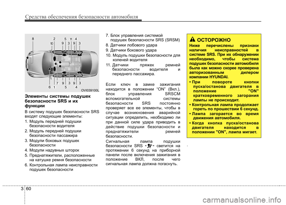 Hyundai Equus 2012  Инструкция по эксплуатации (in Russian) Средства обеспечения безопасности автомобиля
60
3
Элементы системы подушек 
безопасности SRS и их
функции 
В си