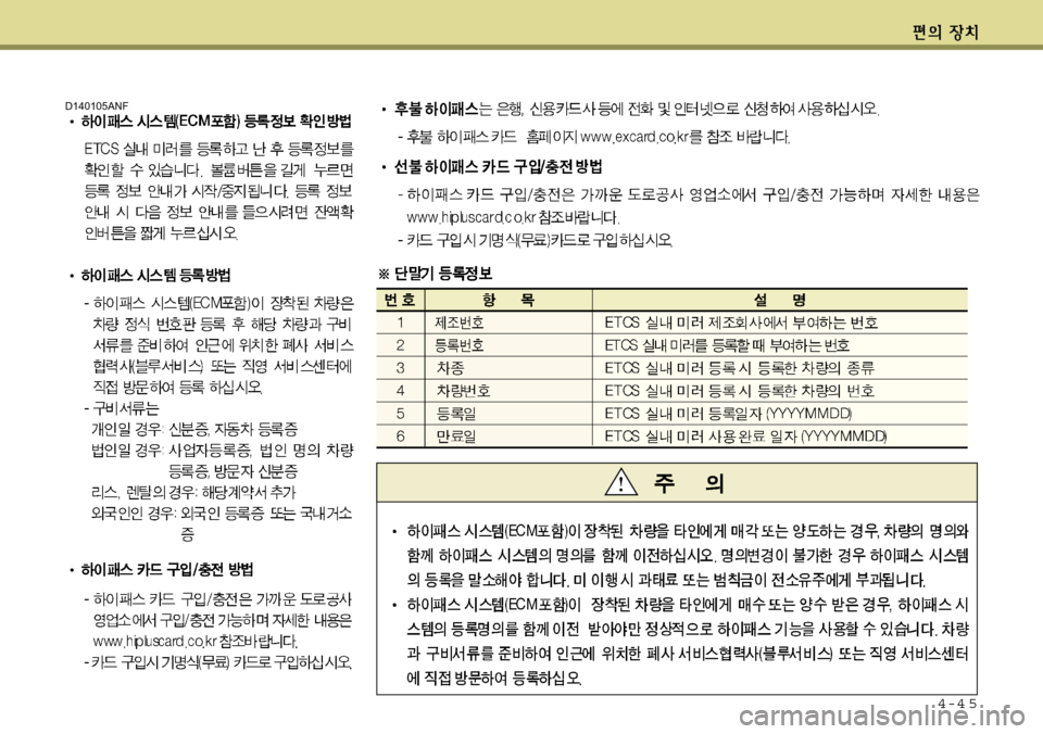 Hyundai Equus 2012 에쿠스 VI - 사용 설명서 (in Korean) 4-4 5
D140105ANF Hyundai Equus 2012 에쿠스 VI - 사용 설명서 (in Korean) 4-4 5
D140105ANF
