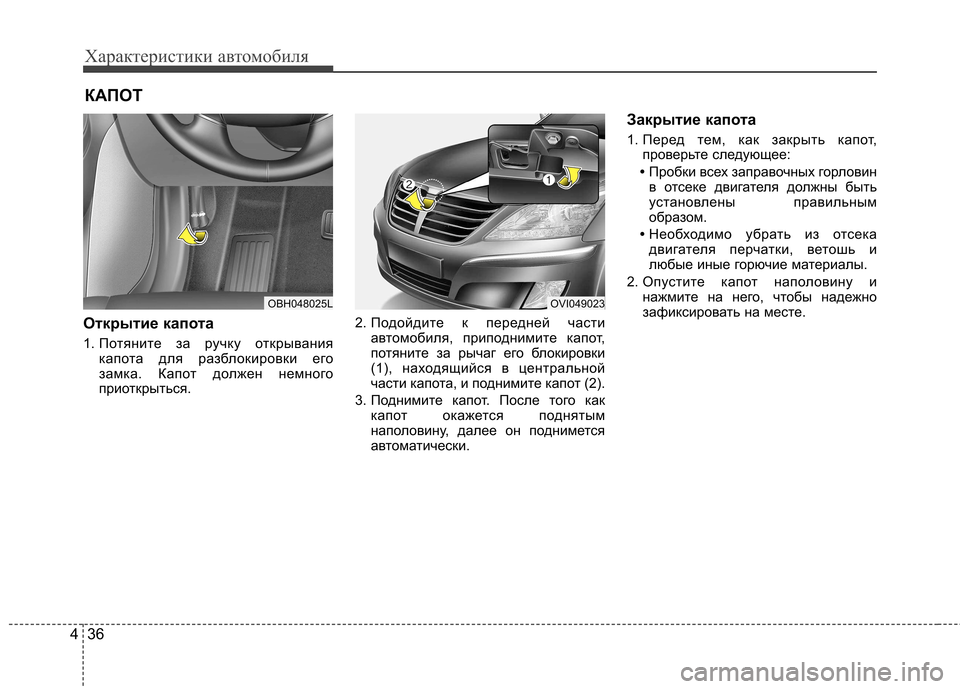 Hyundai Equus 2011 Инструкция по эксплуатации (in Russian) Характеристики автомобиля
36
4
Открытие капота
1. Потяните за ручку открывания
капота для разблокировки его
Hyundai Equus 2011 Инструкция по эксплуатации (in Russian) Характеристики автомобиля
36
4
Открытие капота
1. Потяните за ручку открывания
капота для разблокировки его