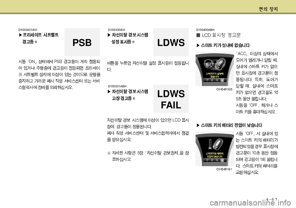 Hyundai Equus 2011  에쿠스 VI - 사용 설명서 (in Korean) 4-6 7
D150400ABHD1503431AVID150330AVILDWS
PSB
D150331ABH
LDWS
FAIL   