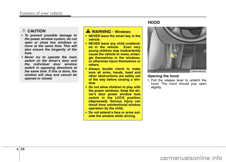 Hyundai Equus 2010  Owners Manual Features of your vehicle
28
4
Opening the hood  
1. Pull the release lever to unlatch the
hood. The hood should pop open 
slightly.
WARNING -  Windows
 NEVER leave the smart key in the vehicle.
 NEVER