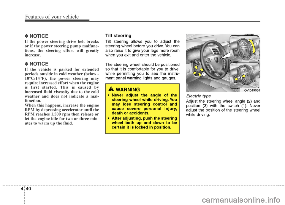 Hyundai Equus 2010  Owners Manual Features of your vehicle
40
4
✽✽
NOTICE
If the power steering drive belt breaks 
or if the power steering pump malfunc-
tions, the steering effort will greatly
increase.
✽
✽ NOTICE
If the vehi