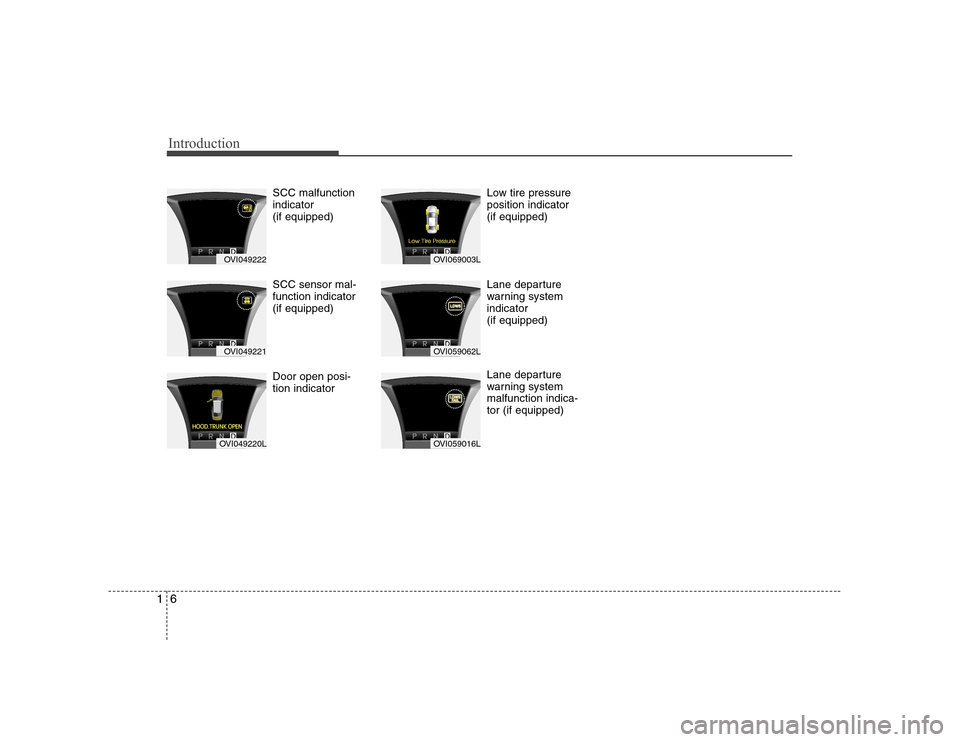 Hyundai Equus 2010  Owners Manual Introduction
6
1
SCC malfunction indicator (if equipped) SCC sensor mal- function indicator (if equipped) Door open posi- tion indicator Low tire pressureposition indicator (if equipped) 
Lane departu