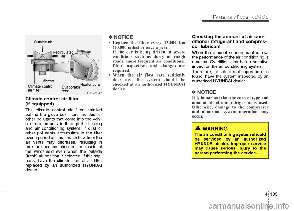 Hyundai Equus 2010  Owners Manual 4103
Features of your vehicle
WARNING
The air conditioning system should 
be serviced by an authorized
HYUNDAI dealer. Improper service
may cause serious injury to the
person performing the service.
C