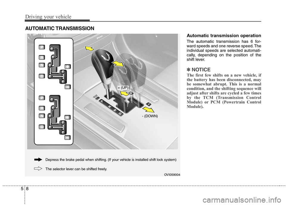 Hyundai Equus 2010  Owners Manual Driving your vehicle
8
5
Automatic transmission operation 
The automatic transmission has 6 for- 
ward speeds and one reverse speed. Theindividual speeds are selected automati-
cally, depending on the
