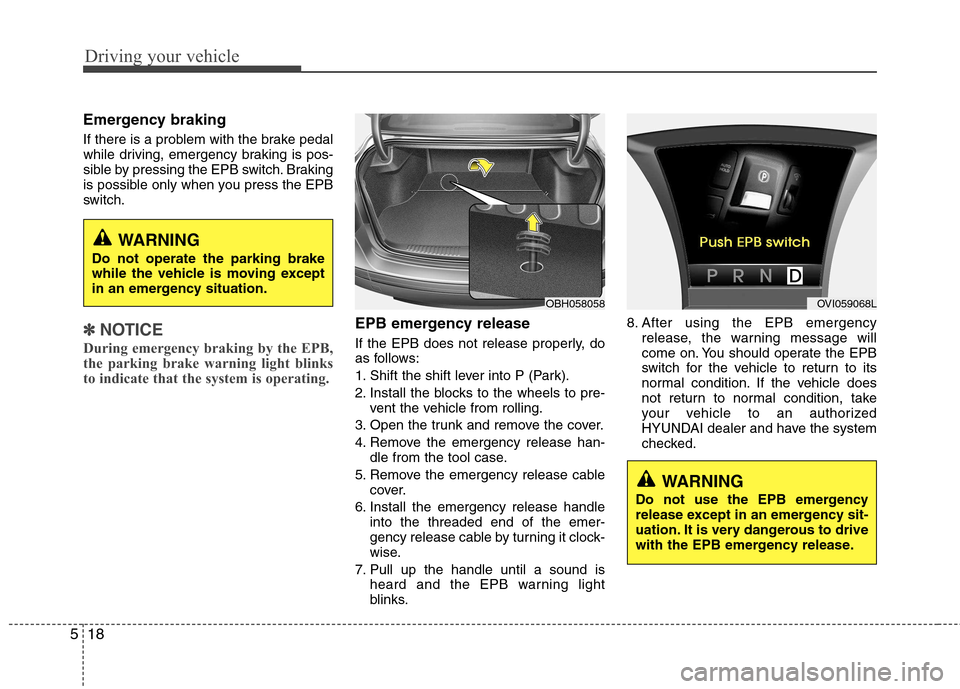 Hyundai Equus 2010  Owners Manual Driving your vehicle
18
5
Emergency braking 
If there is a problem with the brake pedal 
while driving, emergency braking is pos-
sible by pressing the EPB switch. Braking
is possible only when you pr