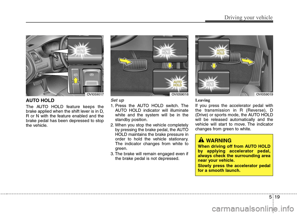 Hyundai Equus 2010  Owners Manual 519
Driving your vehicle
AUTO HOLD 
The AUTO HOLD feature keeps the 
brake applied when the shift lever is in D,
R or N with the feature enabled and the
brake pedal has been depressed to stop
the vehi