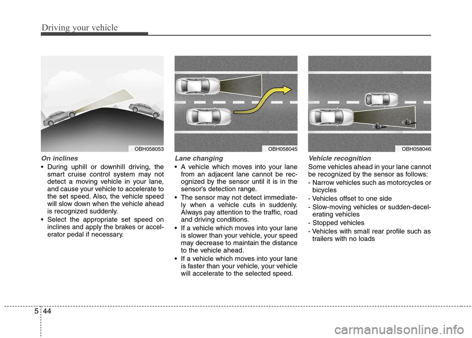 Hyundai Equus 2010  Owners Manual Driving your vehicle
44
5
On inclines
 During uphill or downhill driving, the
smart cruise control system may not 
detect a moving vehicle in your lane,
and cause your vehicle to accelerate to
the set