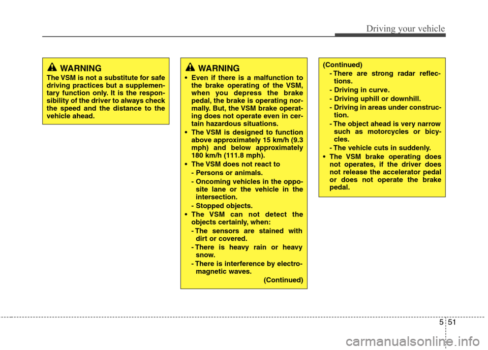 Hyundai Equus 2010  Owners Manual 551
Driving your vehicle
WARNING
The VSM is not a substitute for safe 
driving practices but a supplemen-
tary function only. It is the respon-
sibility of the driver to always checkthe speed and the 
