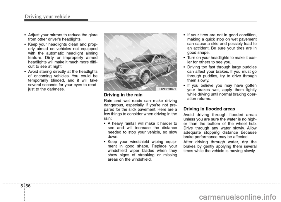 Hyundai Equus 2010  Owners Manual Driving your vehicle
56
5
 Adjust your mirrors to reduce the glare
from other drivers headlights.
 Keep your headlights clean and prop- erly aimed on vehicles not equipped with the automatic headligh