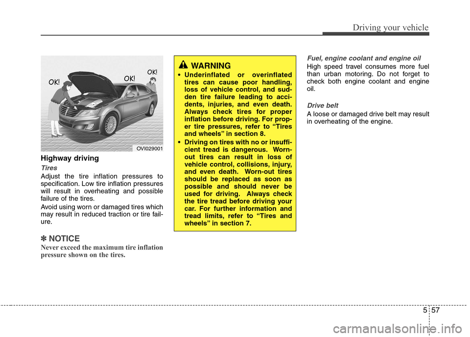 Hyundai Equus 2010  Owners Manual 557
Driving your vehicle
Highway driving
Tires
Adjust the tire inflation pressures to 
specification. Low tire inflation pressures
will result in overheating and possible
failure of the tires. 
Avoid 