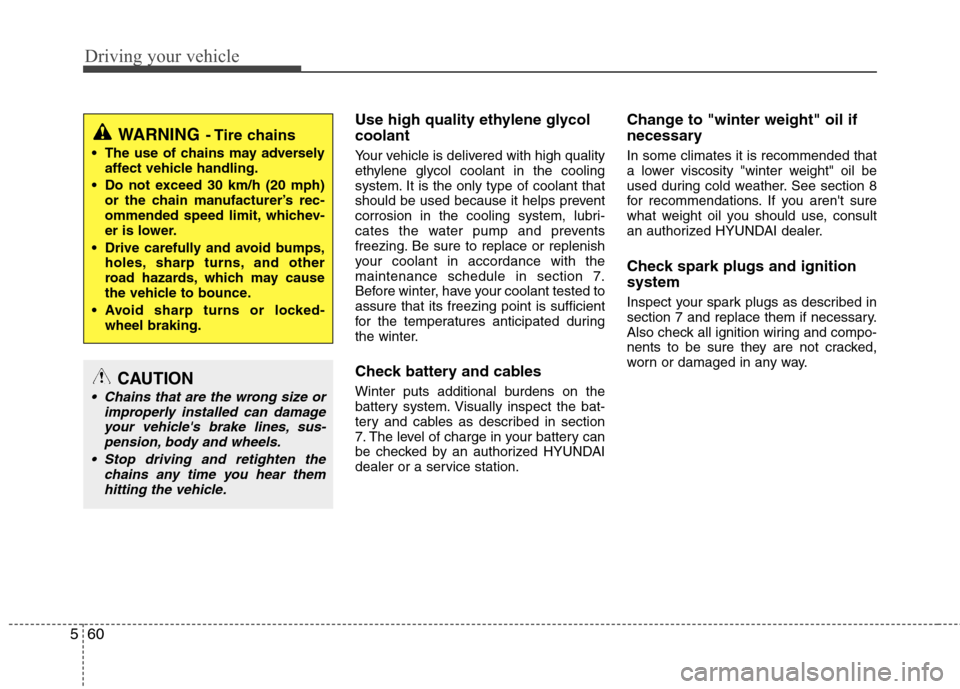 Hyundai Equus 2010  Owners Manual Driving your vehicle
60
5
Use high quality ethylene glycol coolant 
Your vehicle is delivered with high quality 
ethylene glycol coolant in the cooling
system. It is the only type of coolant that
shou