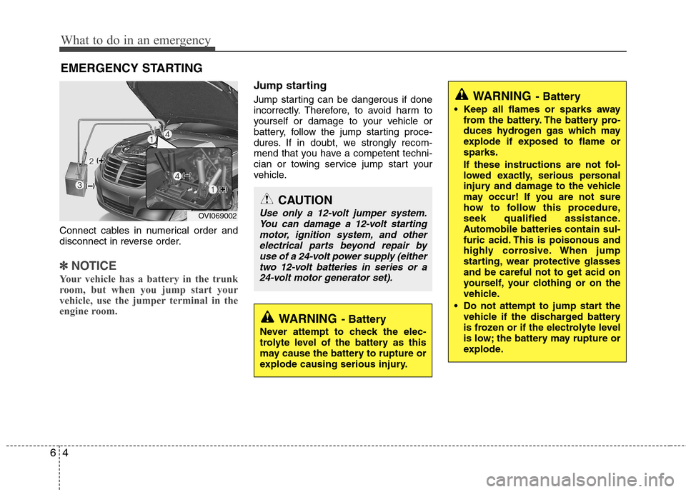 Hyundai Equus 2010  Owners Manual What to do in an emergency
4
6
EMERGENCY STARTING
Connect cables in numerical order and 
disconnect in reverse order.
✽✽ NOTICE
Your vehicle has a battery in the trunk 
room, but when you jump sta