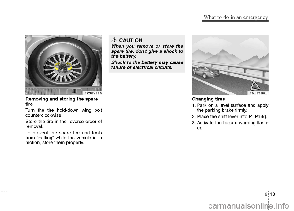 Hyundai Equus 2010  Owners Manual 613
What to do in an emergency
Removing and storing the spare tire   
Turn the tire hold-down wing bolt 
counterclockwise. 
Store the tire in the reverse order of 
removal. 
To prevent the spare tire 