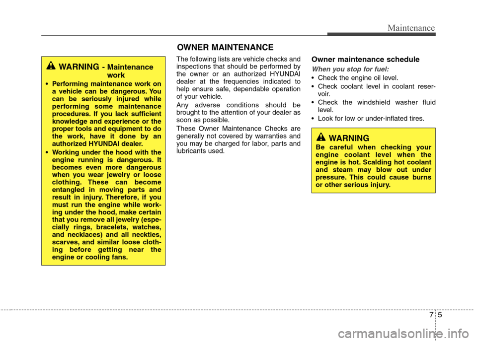 Hyundai Equus 2010  Owners Manual 75
Maintenance
OWNER MAINTENANCE 
The following lists are vehicle checks and 
inspections that should be performed by
the owner or an authorized HYUNDAIdealer at the frequencies indicated to
help ensu