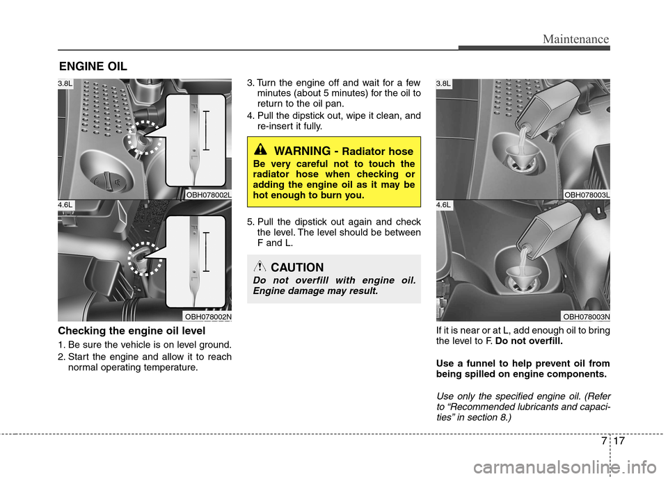 Hyundai Equus 2010 Owners Manual 717
Maintenance
ENGINE OIL
Checking the engine oil level
1. Be sure the vehicle is on level ground.
2. Start the engine and allow it to reach normal operating temperature. 3. Turn the engine off a Hyundai Equus 2010 Owners Manual 717
Maintenance
ENGINE OIL
Checking the engine oil level
1. Be sure the vehicle is on level ground.
2. Start the engine and allow it to reach normal operating temperature. 3. Turn the engine off a