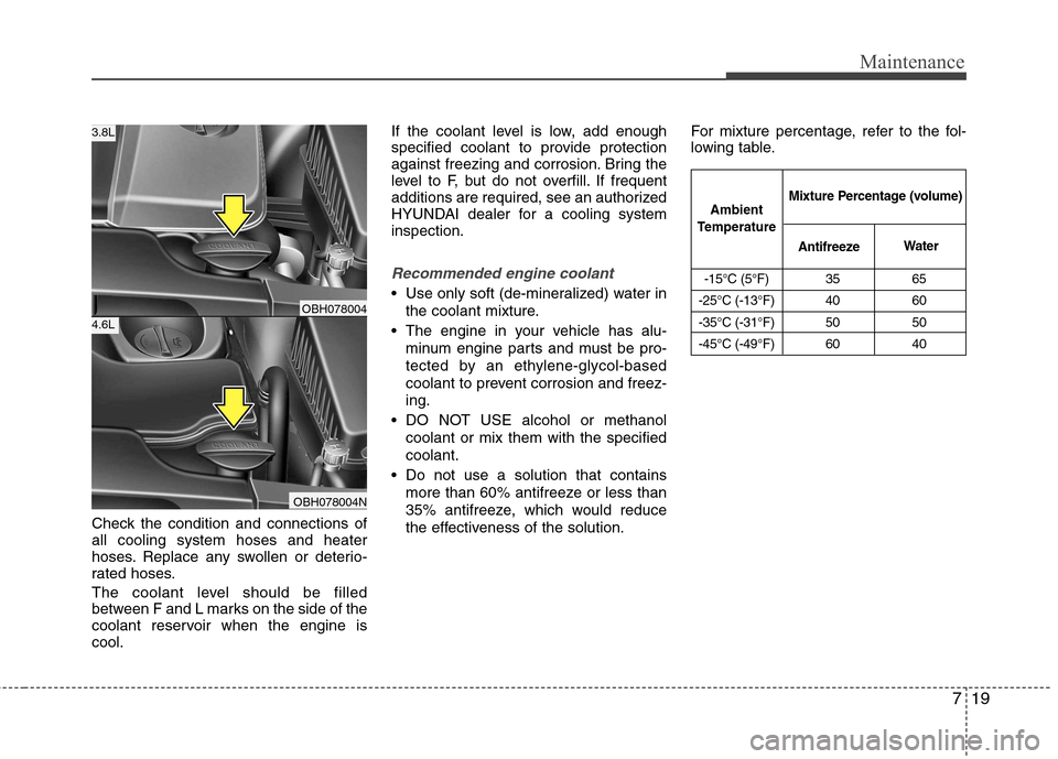 Hyundai Equus 2010 Owners Manual 719
Maintenance
Check the condition and connections of all cooling system hoses and heater
hoses. Replace any swollen or deterio-
rated hoses.
The coolant level should be filled
between F and L mark Hyundai Equus 2010 Owners Manual 719
Maintenance
Check the condition and connections of all cooling system hoses and heater
hoses. Replace any swollen or deterio-
rated hoses.
The coolant level should be filled
between F and L mark