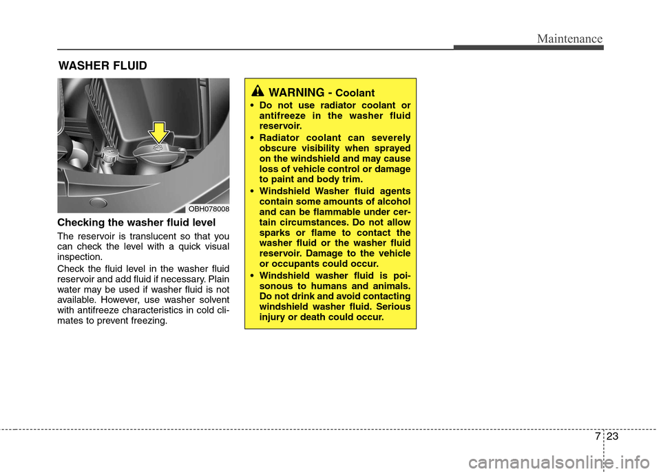 Hyundai Equus 2010  Owners Manual 723
Maintenance
Checking the washer fluid level   
The reservoir is translucent so that you 
can check the level with a quick visualinspection. 
Check the fluid level in the washer fluid 
reservoir an