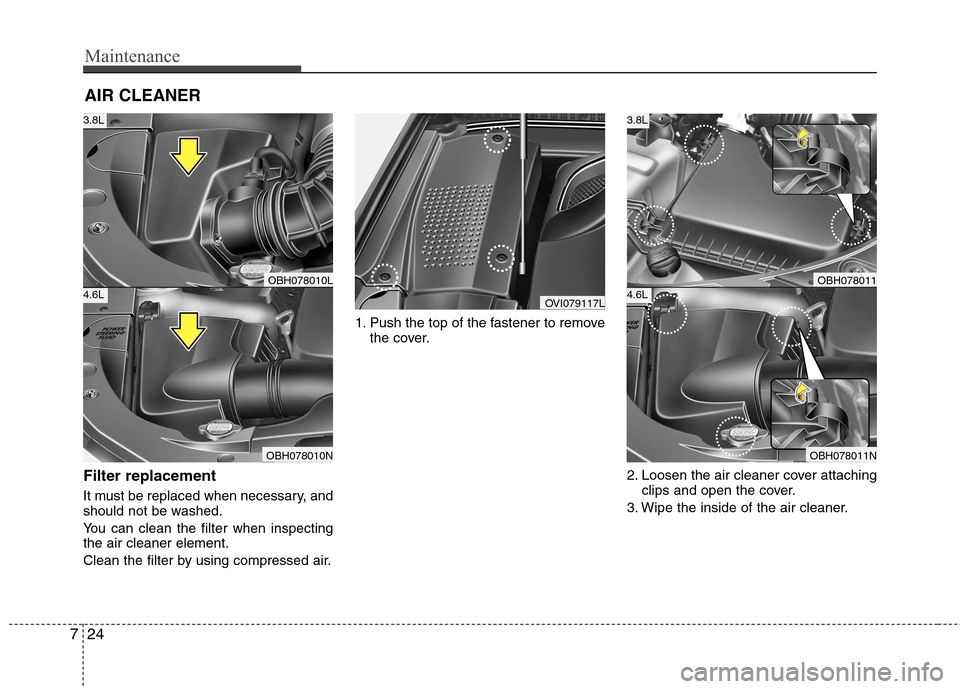 Hyundai Equus 2010  Owners Manual Maintenance
24
7
AIR CLEANER
Filter replacement   
It must be replaced when necessary, and 
should not be washed. 
You can clean the filter when inspecting the air cleaner element. 
Clean the filter b