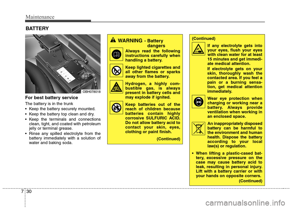 Hyundai Equus 2010  Owners Manual Maintenance
30
7
For best battery service 
The battery is in the trunk 
 Keep the battery securely mounted.
 Keep the battery top clean and dry.
 Keep the terminals and connections
clean, tight, and c