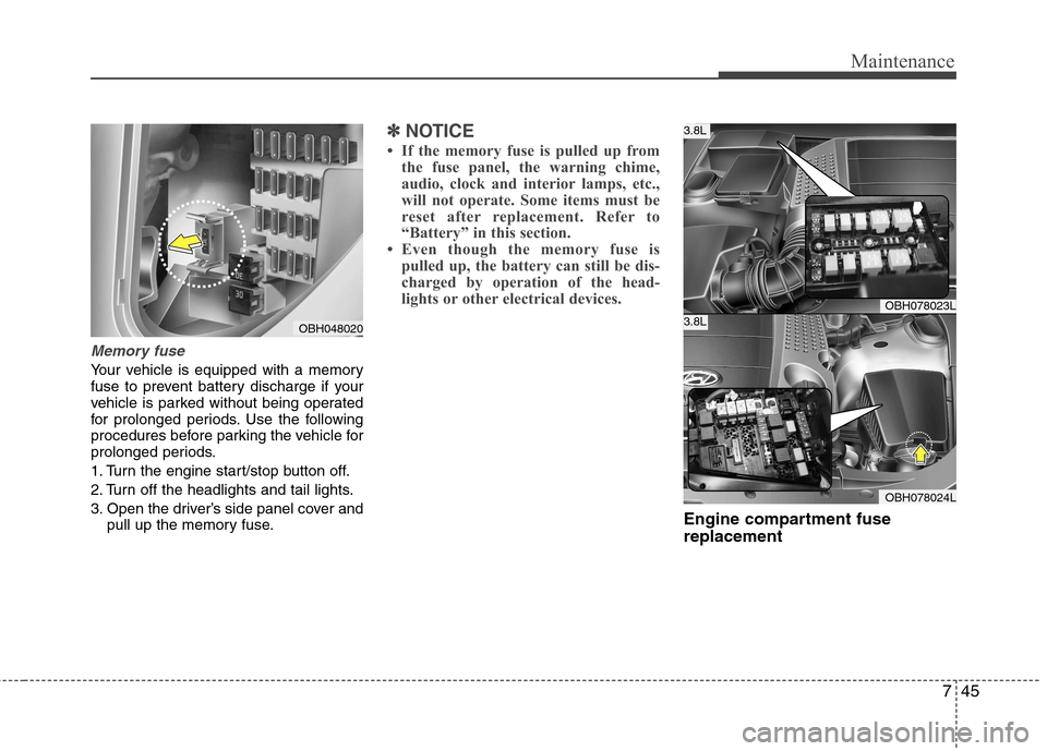 Hyundai Equus 2010  Owners Manual 745
Maintenance
Memory fuse
Your vehicle is equipped with a memory 
fuse to prevent battery discharge if your
vehicle is parked without being operated
for prolonged periods. Use the following
procedur