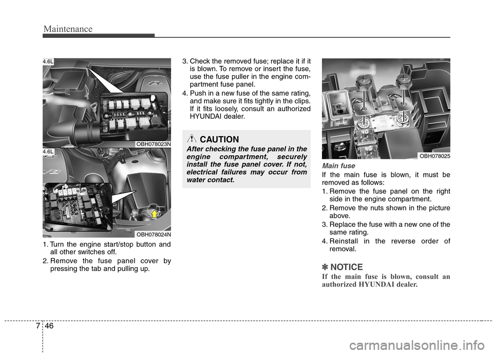 Hyundai Equus 2010  Owners Manual Maintenance
46
7
1. Turn the engine start/stop button and
all other switches off.
2. Remove the fuse panel cover by pressing the tab and pulling up. 3. Check the removed fuse; replace it if it
is blow