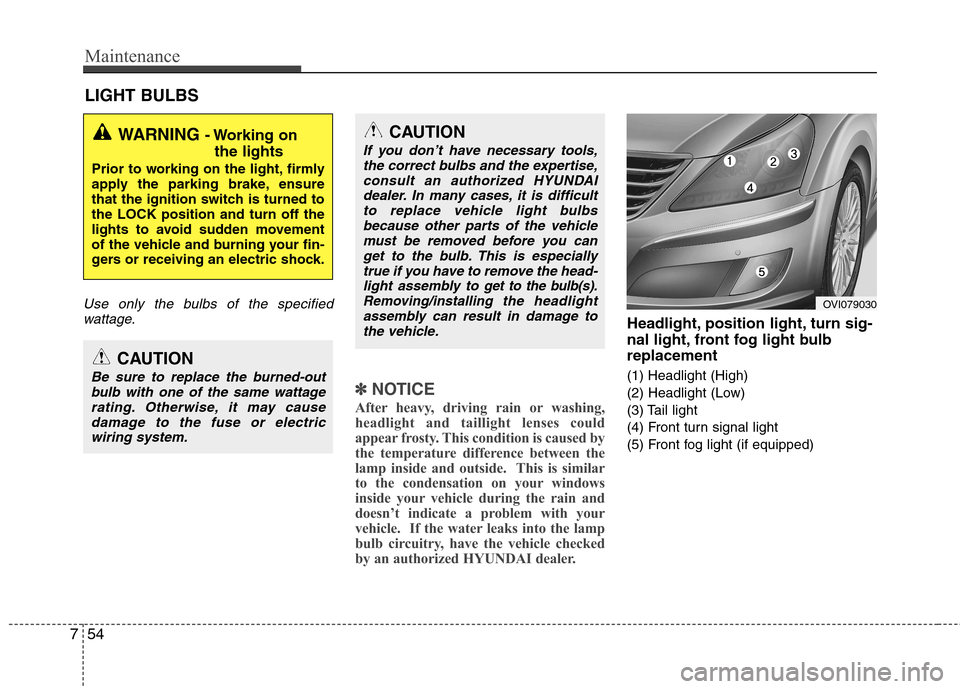 Hyundai Equus 2010  Owners Manual Maintenance
54
7
LIGHT BULBS
Use only the bulbs of the specified
wattage.
✽✽ NOTICE
After heavy, driving rain or washing, 
headlight and taillight lenses could
appear frosty. This condition is cau