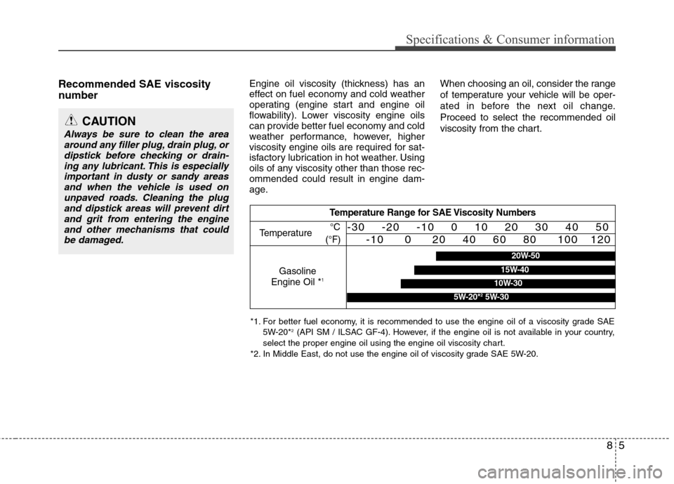 Hyundai Equus 2010 Owners Manual 85
Specifications & Consumer information
Recommended SAE viscosity
number Engine oil viscosity (thickness) has an
effect on fuel economy and cold weather
operating (engine start and engine oil
flo Hyundai Equus 2010 Owners Manual 85
Specifications & Consumer information
Recommended SAE viscosity
number Engine oil viscosity (thickness) has an
effect on fuel economy and cold weather
operating (engine start and engine oil
flo