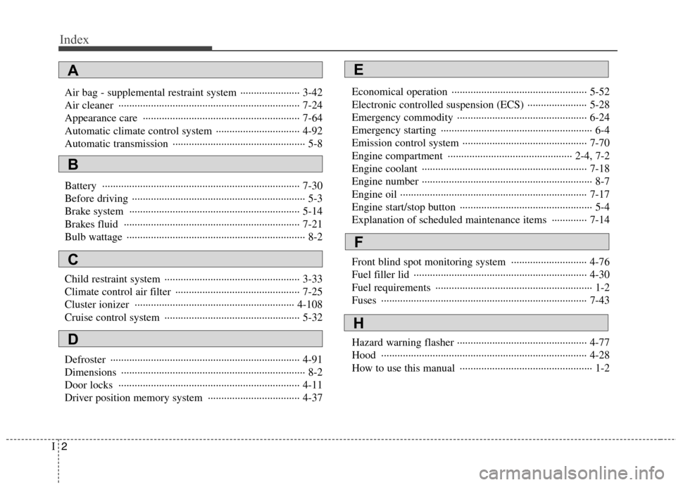 Hyundai Equus 2010  Owners Manual Index
2
I
Air bag - supplemental restraint system  ······················ 3-42 
Air cleaner  ··········································�