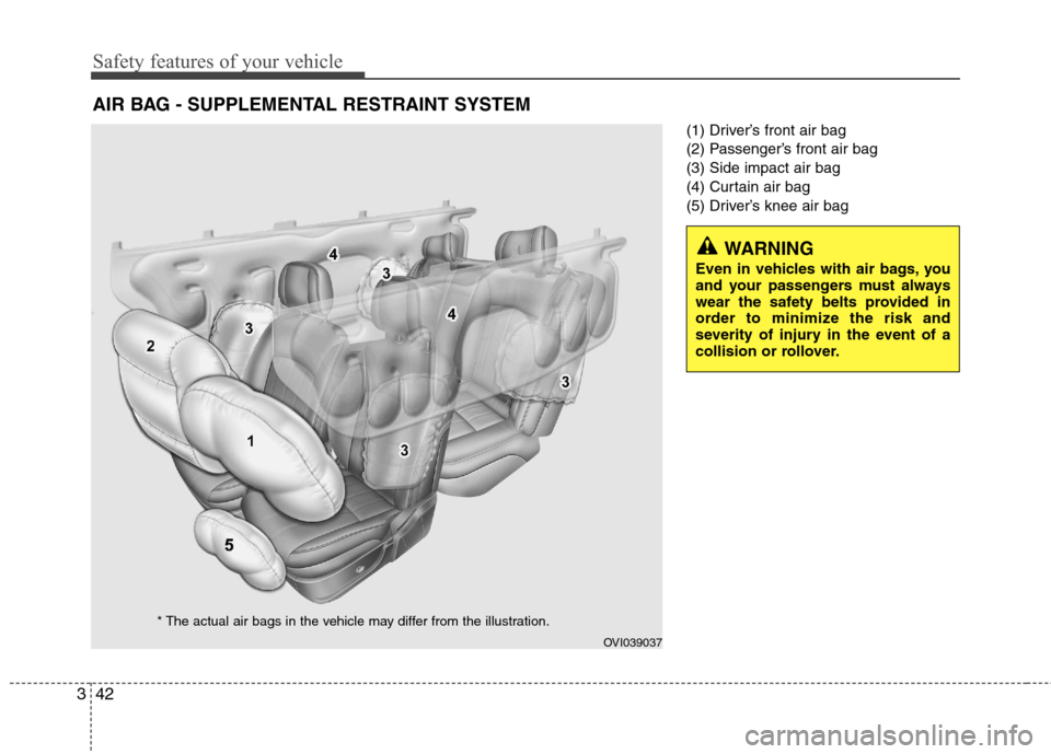 Hyundai Equus 2010 Workshop Manual Safety features of your vehicle
42
3
(1) Driver’s front air bag
(2) Passenger’s front air bag(3) Side impact air bag
(4) Curtain air bag
(5) Driver’s knee air bag
AIR BAG - SUPPLEMENTAL RESTRAI Hyundai Equus 2010 Workshop Manual Safety features of your vehicle
42
3
(1) Driver’s front air bag
(2) Passenger’s front air bag(3) Side impact air bag
(4) Curtain air bag
(5) Driver’s knee air bag
AIR BAG - SUPPLEMENTAL RESTRAI