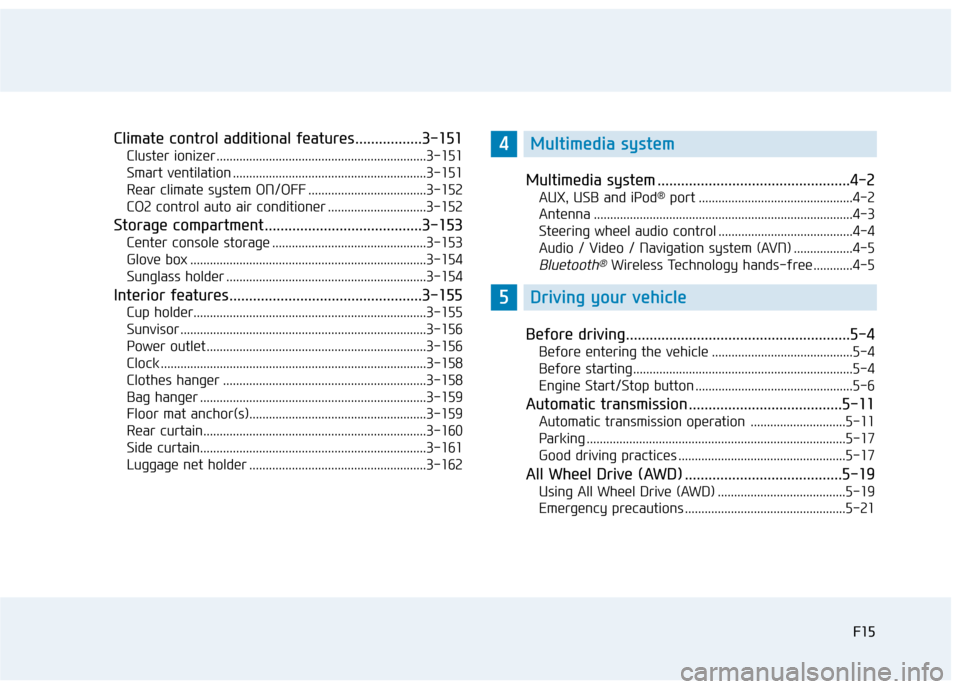 Hyundai Genesis 2016 User Guide F15
Climate control additional features.................3-151
Cluster ionizer ................................................................3-151
Smart ventilation ..................................