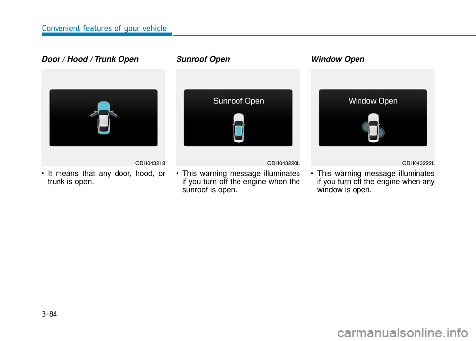Hyundai Genesis 2016  Owners Manual 3-84
Convenient features of your vehicle
Door / Hood / Trunk Open
 It means that any door, hood, ortrunk is open.
Sunroof Open
 This warning message illuminatesif you turn off the engine when the
sunr