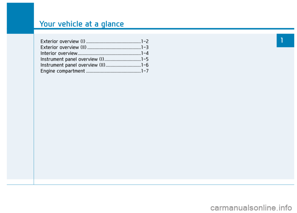 Hyundai Genesis 2016 User Guide Your vehicle at a glance
1
Your vehicle at a glance
1Exterior overview (I) .............................................1-2
Exterior overview (II) ............................................1-3
Inter