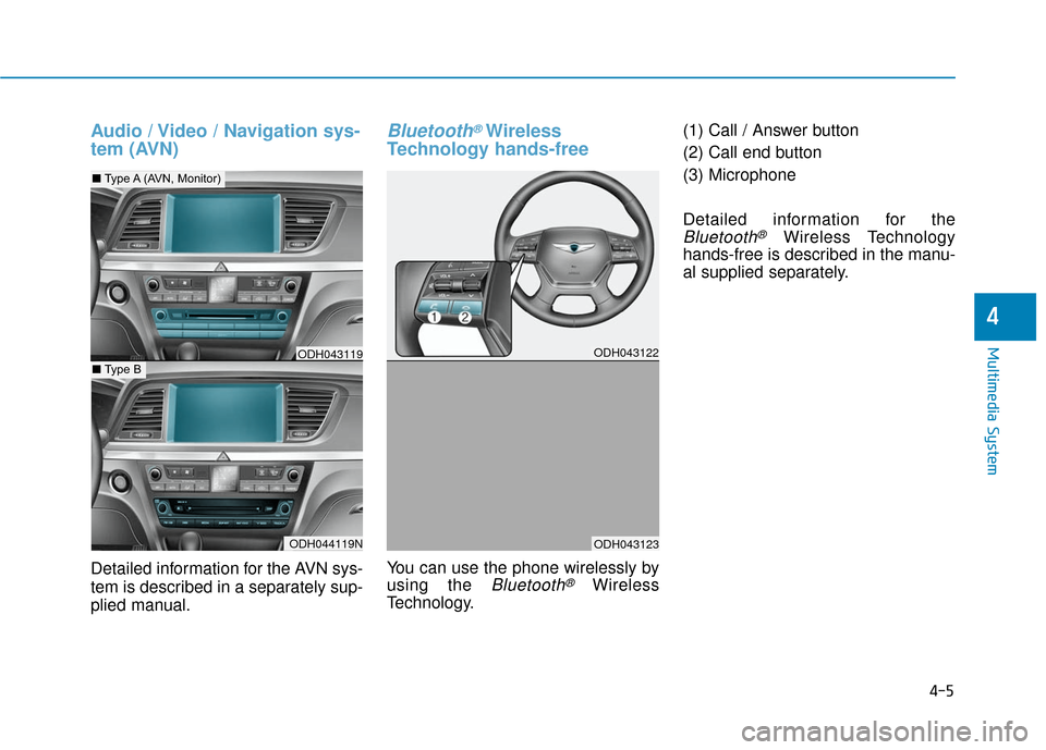 Hyundai Genesis 2016 Owners Manual 4-5
Multimedia System
Audio / Video / Navigation sys-
tem (AVN)
Detailed information for the AVN sys-
tem is described in a separately sup-
plied manual.
Bluetooth®Wireless
Technology hands-free
You Hyundai Genesis 2016 Owners Manual 4-5
Multimedia System
Audio / Video / Navigation sys-
tem (AVN)
Detailed information for the AVN sys-
tem is described in a separately sup-
plied manual.
Bluetooth®Wireless
Technology hands-free
You