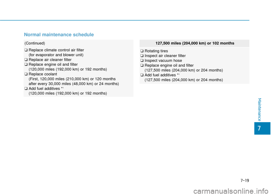 Hyundai Genesis 2016 Owners Manual 7-19
7
Maintenance
(Continued)
❑Replace climate control air filter
(for evaporator and blower unit)
❑ Replace air cleaner filter
❑ Replace engine oil and filter
(120,000 miles (192,000 km) or Hyundai Genesis 2016 Owners Manual 7-19
7
Maintenance
(Continued)
❑Replace climate control air filter
(for evaporator and blower unit)
❑ Replace air cleaner filter
❑ Replace engine oil and filter
(120,000 miles (192,000 km) or