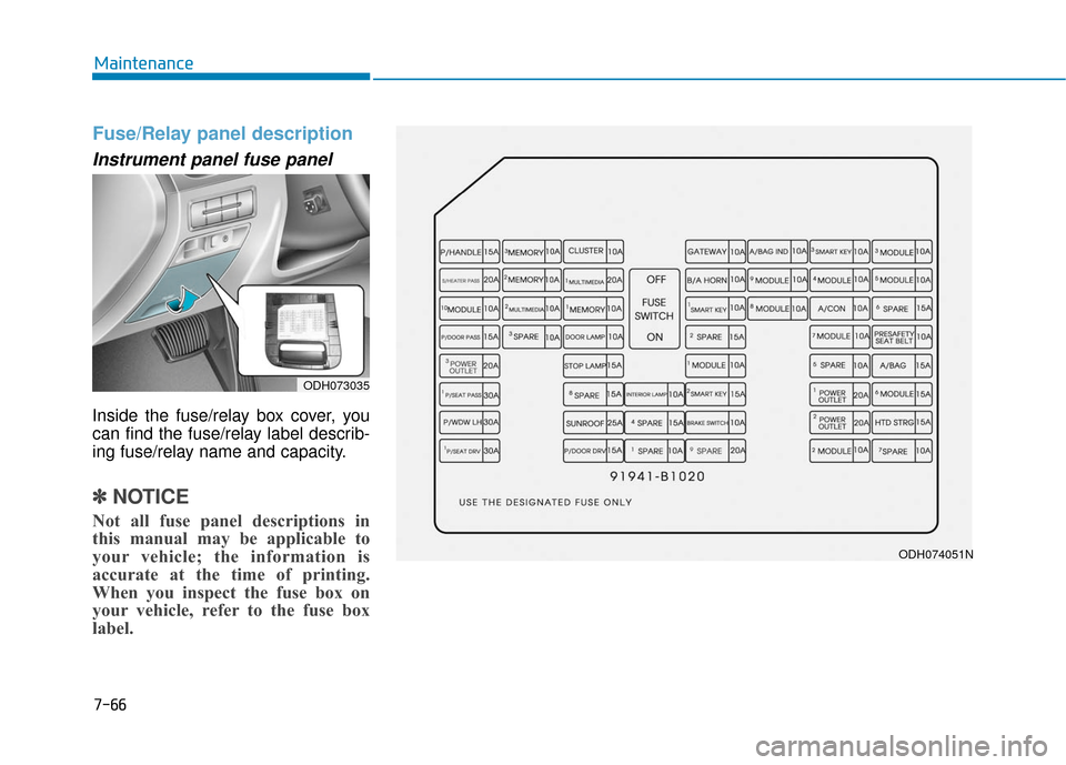 Hyundai Genesis 2016  Owners Manual 7-66
Maintenance
Fuse/Relay panel description 
Instrument panel fuse panel      
Inside the fuse/relay box cover, you
can find the fuse/relay label describ-
ing fuse/relay name and capacity.
✽ ✽NO