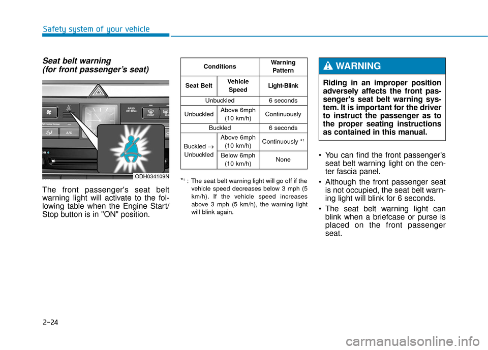 Hyundai Genesis 2016 Service Manual 2-24
Seat belt warning (for front passenger’s seat)
The front passengers seat belt
warning light will activate to the fol-
lowing table when the Engine Start/
Stop button is in "ON" position.
*1: T Hyundai Genesis 2016 Service Manual 2-24
Seat belt warning (for front passenger’s seat)
The front passengers seat belt
warning light will activate to the fol-
lowing table when the Engine Start/
Stop button is in "ON" position.
*1: T
