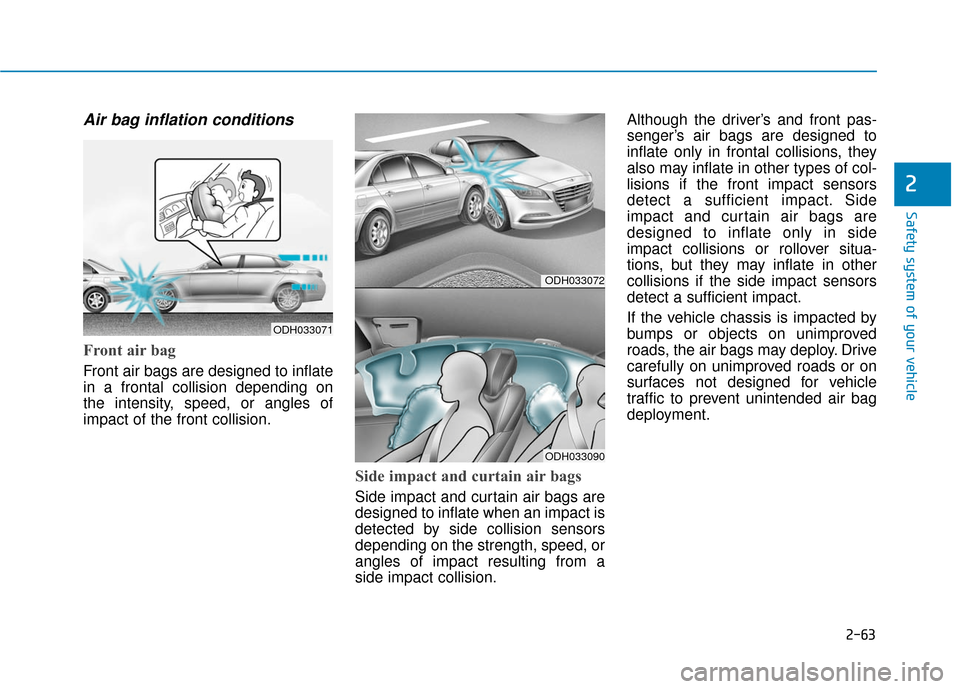 Hyundai Genesis 2016 User Guide 2-63
Safety system of your vehicle
2
Air bag inflation conditions
Front air bag
Front air bags are designed to inflate
in a frontal collision depending on
the intensity, speed, or angles of
impact o Hyundai Genesis 2016 User Guide 2-63
Safety system of your vehicle
2
Air bag inflation conditions
Front air bag
Front air bags are designed to inflate
in a frontal collision depending on
the intensity, speed, or angles of
impact o