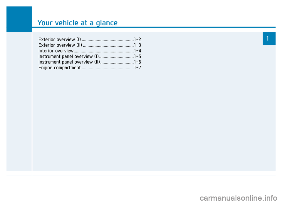 Hyundai Genesis 2016 - RHD (UK, Australia) User Guide Your vehicle at a glance
1
Your vehicle at a glance
1Exterior overview (I) .............................................1-2
Exterior overview (II) ............................................1-3
Inter Hyundai Genesis 2016 - RHD (UK, Australia) User Guide Your vehicle at a glance
1
Your vehicle at a glance
1Exterior overview (I) .............................................1-2
Exterior overview (II) ............................................1-3
Inter