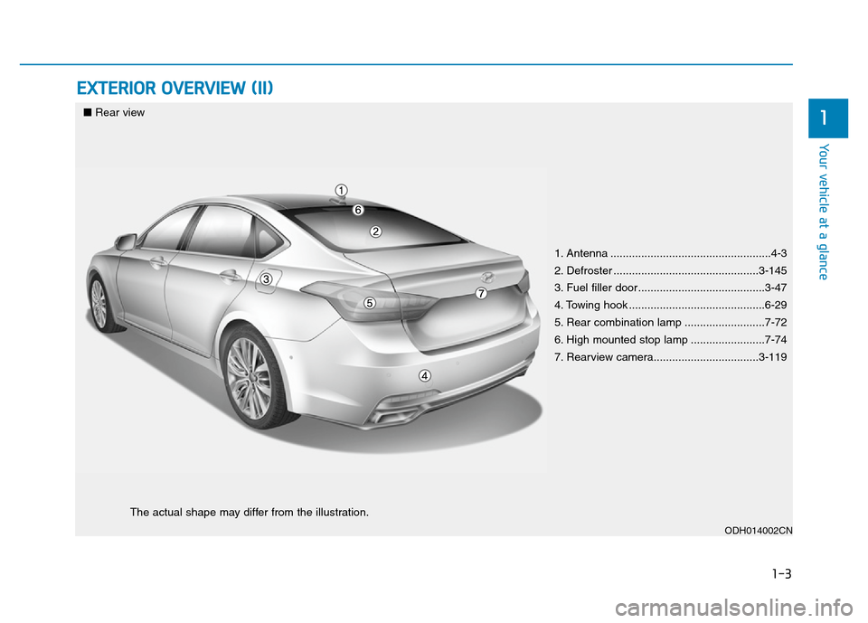 Hyundai Genesis 2016 - RHD (UK, Australia) User Guide 1-3
Your vehicle at a glance
EXTERIOR OVERVIEW (II)
1
1. Antenna ....................................................4-3
2. Defroster ...............................................3-145
3. Fuel fille Hyundai Genesis 2016 - RHD (UK, Australia) User Guide 1-3
Your vehicle at a glance
EXTERIOR OVERVIEW (II)
1
1. Antenna ....................................................4-3
2. Defroster ...............................................3-145
3. Fuel fille